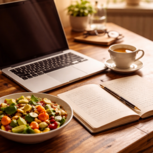Morning light workspace with laptop, notebook and healthy salad representing nutrition planning consultation.