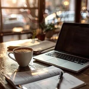 Menopause nutrition consultation workspace with laptop, notebook and coffee
