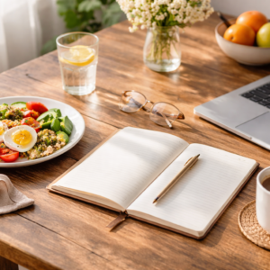Nutrition consultation workspace with laptop, healthy meal, notebook and coffee on a wooden table in morning light.